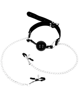 Ohmama Fetish - Schwarzer Ball-Knebel mit Nippelklemmen