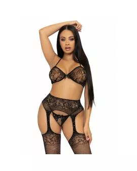 LEG AVENUE - Drei-Teiliges Erotik-Set BH String Strumpf - Schwarz