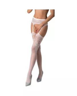 Passion S029 - Weiße Strümpfe mit Garter, Eine Größe