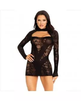 LEG AVENUE - MINIKLEID MIT SPITZE LANGARM SCHWARZ
