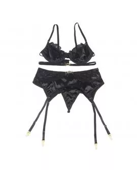 SUBBLIME - 3-TEILIGES SET BH + STRING + STRUMPFBAND AUS SPITZE SCHWARZ 