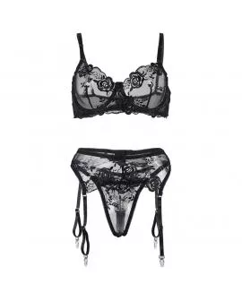 SUBBLIME - 3-TEILIGES SET BH + STRING + STRUMPFBAND BLUMENPRINT SCHWARZ 