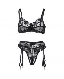 SUBBLIME - 3-TEILIGES SET BH + STRING + STRUMPFBAND BLUMENPRINT SCHWARZ 