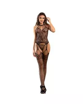 Subblime Netz-Bodystocking ohne Schritt - Blumen-Details Neckholder