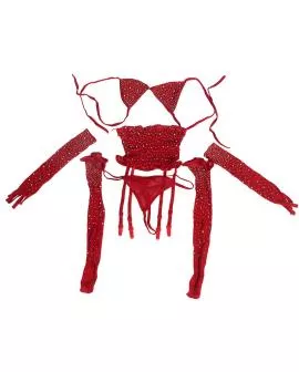 SUBBLIME - 952181 NETZ-BODYSTOCKING MIT HANDSCHUHEN UND DIAMANTEN ROT EINE GRÖSSE