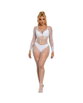 SUBBLIME Netz-Bodystocking mit Diamanten - Langarm Weiß