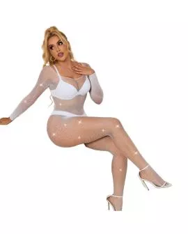 SUBBLIME Netz-Bodystocking mit Diamanten - Langarm Weiß