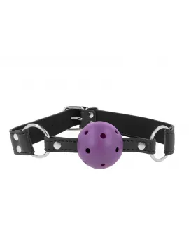 KINK - ATMUNGSAKTIVER BALL 4 CM KNEBEL MIT DOPPELNIET LILA 62,5 x 2,5 CM VERSTELLBAR 42-58 CM