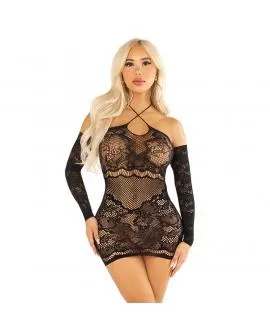 LEG AVENUE - OFF-SHOULDER-MINIKLEID MIT LANGEN ÄRMELN AUS MESH IN SCHWARZ