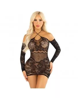 LEG AVENUE - OFF-SHOULDER-MINIKLEID MIT LANGEN ÄRMELN AUS MESH IN SCHWARZ