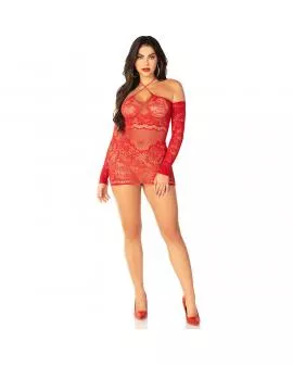 LEG AVENUE - OFF-SHOULDER LANGÄRMELIGES MESH-MINIKLEID ROT