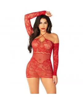 LEG AVENUE - OFF-SHOULDER LANGÄRMELIGES MESH-MINIKLEID ROT