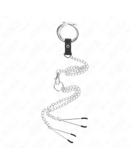 KINK - Dreifach Metall Penisring 3-4,5 cm mit Kette & Brustklammen