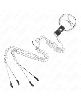 KINK - Dreifach Metall Penisring 3-4,5 cm mit Kette & Brustklammen