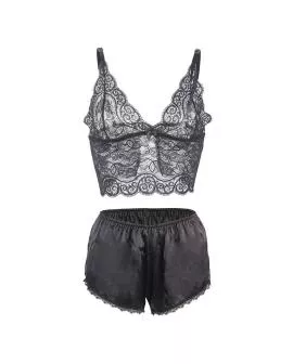 SUBBLIME - Nachthemd Höschen Seide Spitze Schwarz L/XL