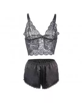 SUBBLIME - 953928 NACHTHEMD + HÖSCHEN AUS SEIDE UND SPITZE SCHWARZ L/XL