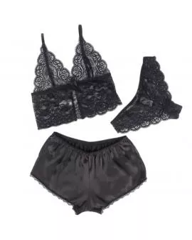 SUBBLIME - 953928 NACHTHEMD + HÖSCHEN AUS SEIDE UND SPITZE SCHWARZ L/XL