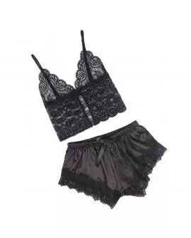 SUBBLIME - 953942 LÄSSIGE SEIDENNACHTHEMD + SPITZENHOSE SCHWARZ L/XL