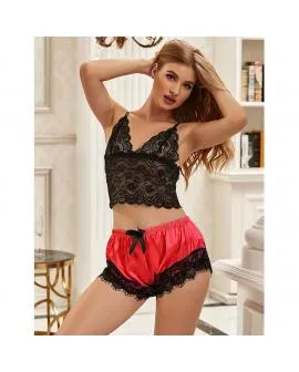 SUBBLIME - 953966 LÄSSIGE SEIDE NACHTHEMD + SPITZENHOSE SCHWARZ/ROT L/XL