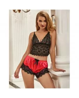 SUBBLIME - 953966 LÄSSIGE SEIDE NACHTHEMD + SPITZENHOSE SCHWARZ/ROT L/XL
