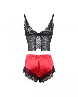 SUBBLIME - 953959 LÄSSIGE SEIDENNACHTHEMD + SPITZENHOSE SCHWARZ/ROT S/M