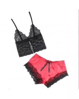 SUBBLIME - 953959 LÄSSIGE SEIDENNACHTHEMD + SPITZENHOSE SCHWARZ/ROT S/M