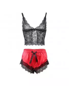 SUBBLIME - 953959 LÄSSIGE SEIDENNACHTHEMD + SPITZENHOSE SCHWARZ/ROT S/M