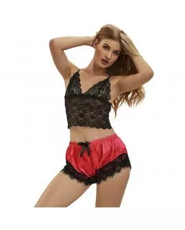 SUBBLIME - 953959 LÄSSIGE SEIDENNACHTHEMD + SPITZENHOSE SCHWARZ/ROT S/M