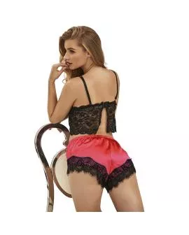 SUBBLIME - Seiden-Nachthemd + Spitzenhose Schwarz/Rot L/XL