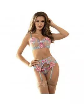SUBBLIME - 954116 BH + HÖSCHEN MIT STRUMPFGÜRTEL BLUMENDESIGN BLAU L/XL