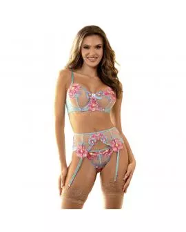 SUBBLIME - 954116 BH + HÖSCHEN MIT STRUMPFGÜRTEL BLUMENDESIGN BLAU L/XL