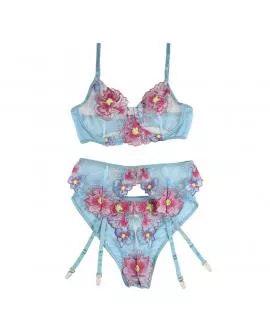 SUBBLIME - 954116 BH + HÖSCHEN MIT STRUMPFGÜRTEL BLUMENDESIGN BLAU L/XL