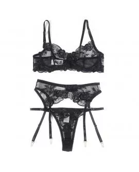SUBBLIME - 945244 BH + HÖSCHEN MIT STRUMPFGÜRTEL BLUMENDESIGN SCHWARZ L/XL