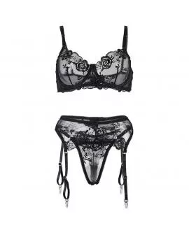 SUBBLIME - 945244 BH + HÖSCHEN MIT STRUMPFGÜRTEL BLUMENDESIGN SCHWARZ L/XL