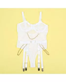 SUBBLIME - 954284 KÖRPER MIT KETTEN + STRUMPFGÜRTEL WEISS S/M