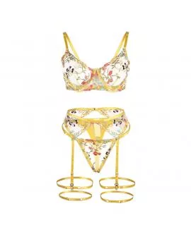 SUBBLIME - BH String Strumpfgürtel Set Gelb Blumendesign S/M