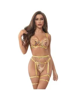 SUBBLIME - BH-String-Strumpfhalter-Set Blumen Gelb L/XL