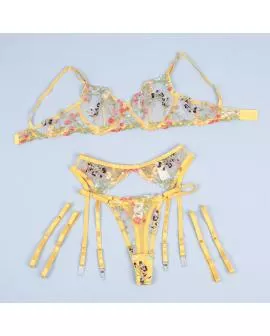 SUBBLIME - BH String Strumpfgürtel Set Gelb Blumendesign S/M