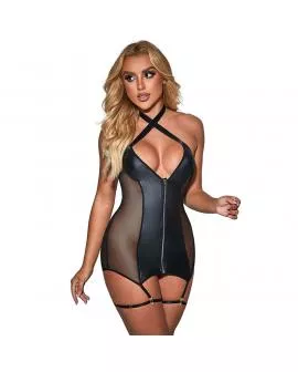 SUBBLIME - 954444 SEXY MESH KLEID LEDER SCHWARZ S/M