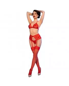 CHILIROSE - CR 4848 ROTER SPITZEN-BH + TANGA + STRÜMPFE SET L