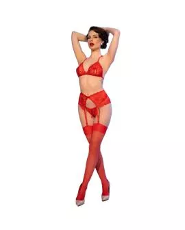 Chilirose CR 4848 - Rot Spitzen-BH Tanga Strümpfe Set S
