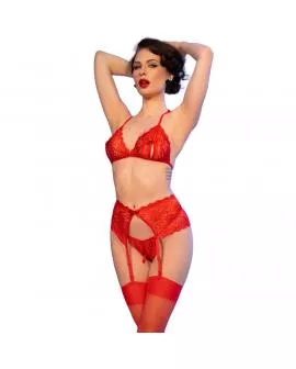 CHILIROSE - CR 4848 ROTER SPITZEN-BH + TANGA + STRÜMPFE SET L