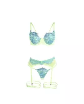 SUBBLIME - Erotik BH-Set Spitze Strumpfband Grün-Blau L/XL
