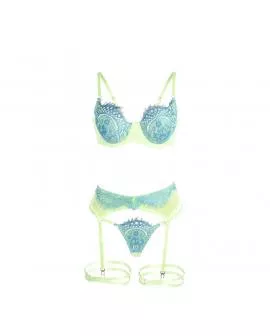 SUBBLIME - 955311 BH-SET MIT SPITZE UND STRUMPFBAND GRÜN UND BLAU S/M