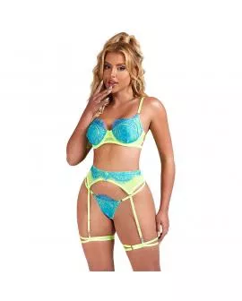SUBBLIME - 955311 BH-SET MIT SPITZE UND STRUMPFBAND GRÜN UND BLAU S/M