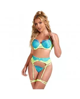 SUBBLIME - 955328 BH-SET MIT SPITZE UND STRUMPFBAND GRÜN UND BLAU L/XL
