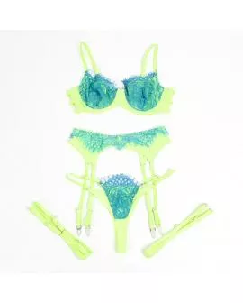 SUBBLIME - 955328 BH-SET MIT SPITZE UND STRUMPFBAND GRÜN UND BLAU L/XL