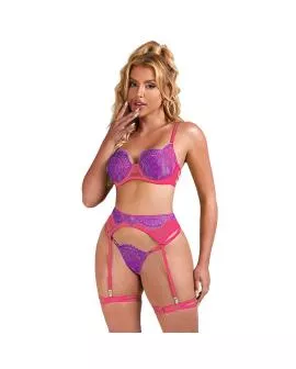 SUBBLIME 955366 Erotik BH-Set Spitze Strumpfbänder Rosa Lila L/XL