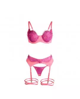 SUBBLIME - 955366 BH-SET MIT SPITZE UND STRUMPFBAND ROSA UND LILA L/XL