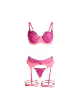 SUBBLIME - 955359 BH-SET MIT SPITZE UND STRUMPFBÄNDERN ROSA UND LILA S/M